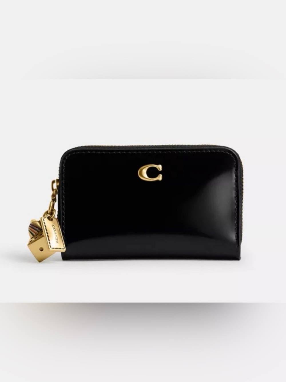🖤💛Coach NWT Black Patent Leather Essential‎ Small Zip Wallet with Brass Charms
